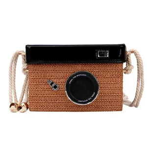 Women Fashion Creative Camera Shape Straw Square Crossbody Bag Purse